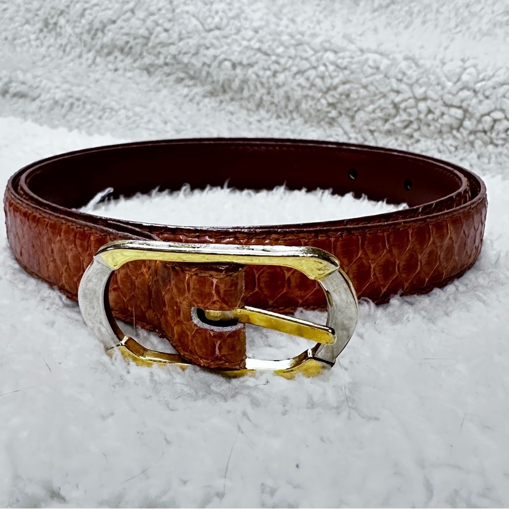 Milor genuine snake 🐍 skin caramel  belt, gold & silver slim buckle S/M EUC!